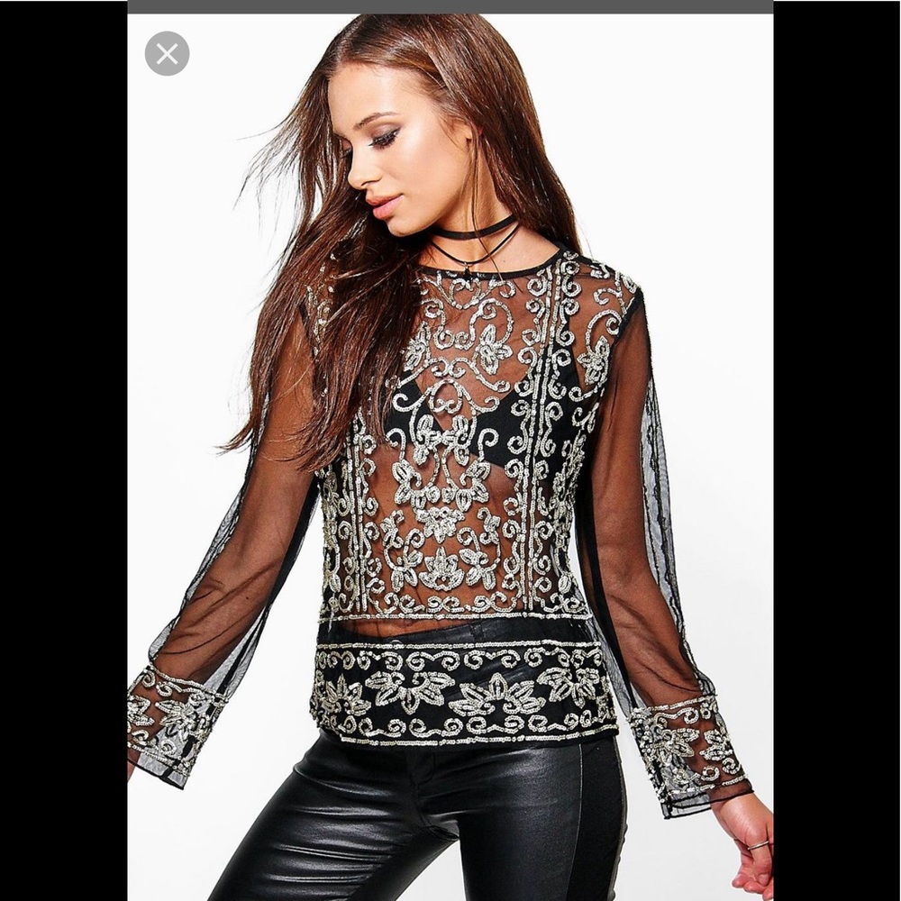 Sequin mesh long sleeve top